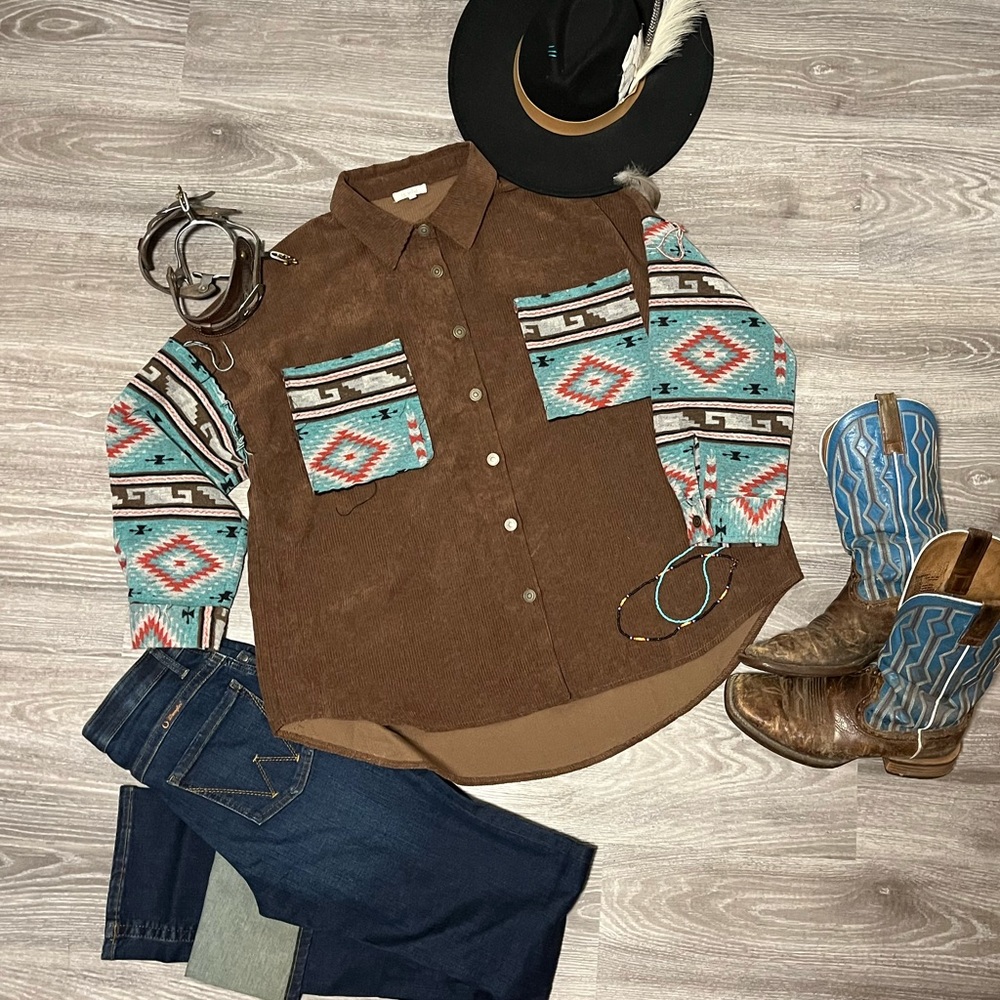Aztec Western Style Oversized Shirt with Frayed details